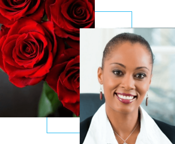 A woman with a red rose behind her and a picture of roses