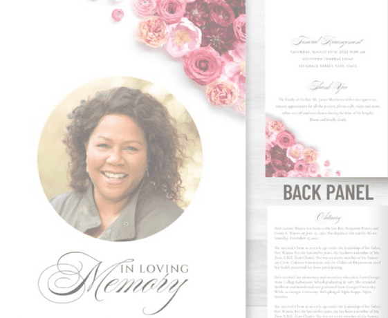 A funeral program with pink flowers and a picture of the deceased.