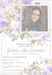 A purple floral funeral program with a photo of the deceased.