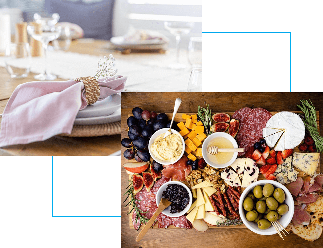 A table with food on it and a plate of fruit