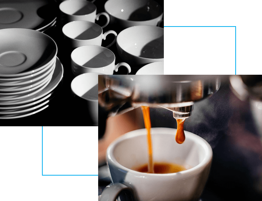 A collage of bowls and cups with coffee being poured.