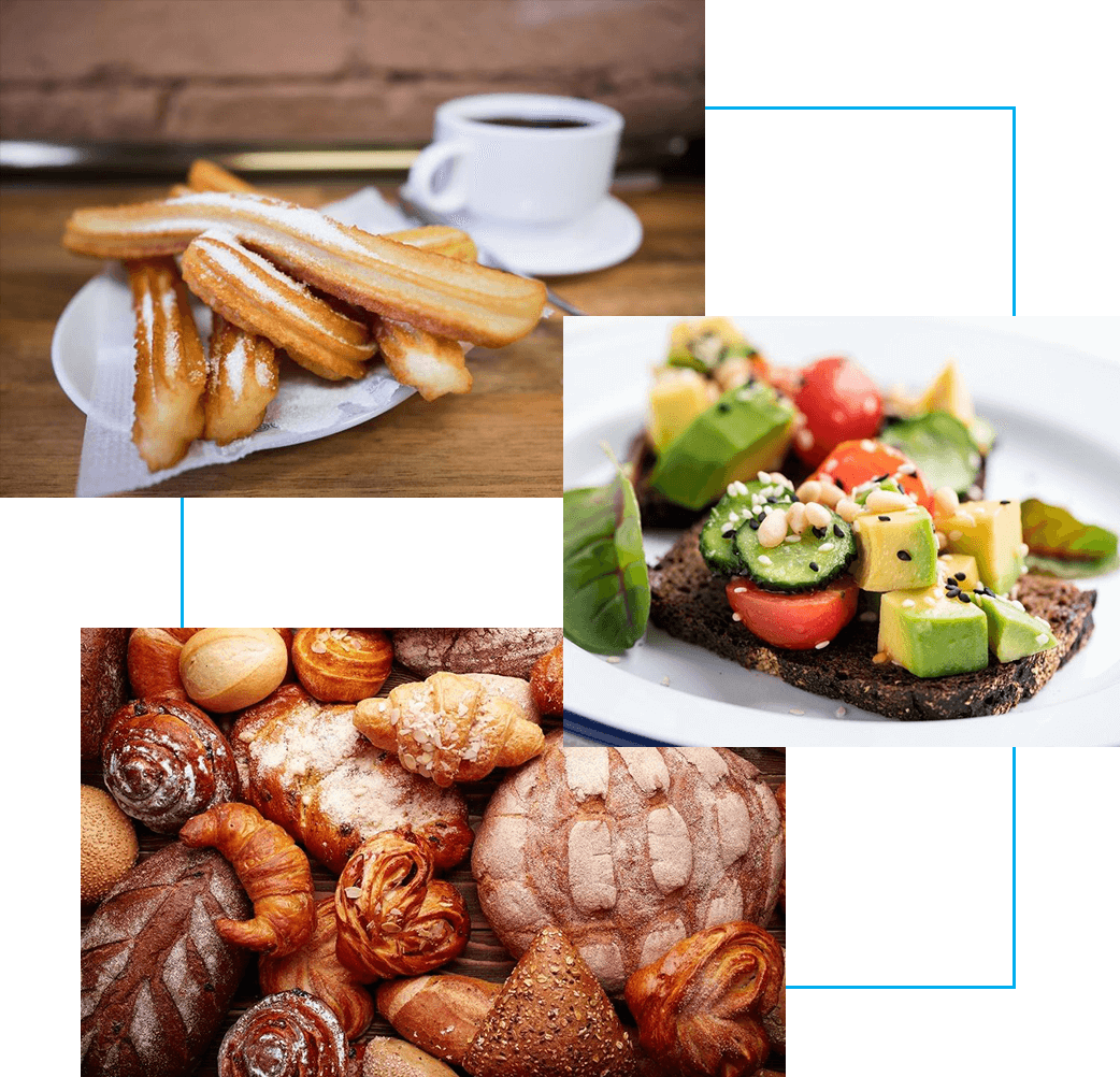 A collage of different food items on plates.