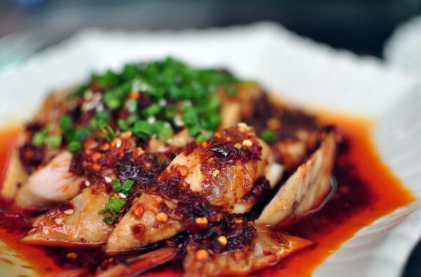 A plate of food with meat and green onions.