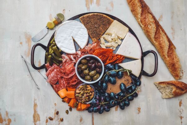 A platter of food on top of a table.