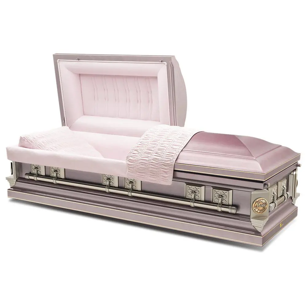 A casket that is open and has a pink cover.