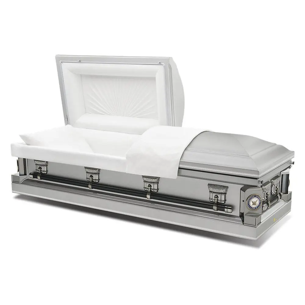 A silver casket with white interior and open lid.