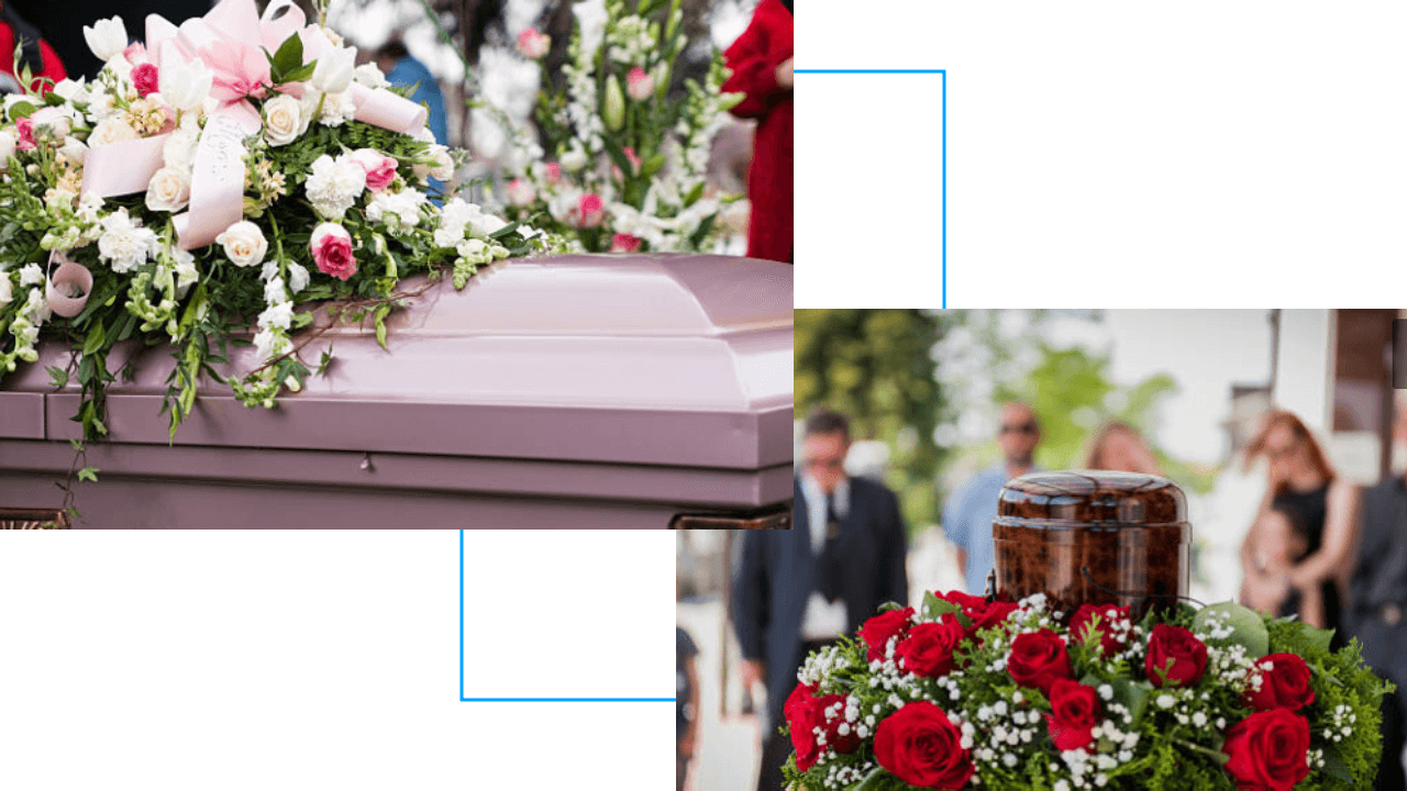 A collage of photos with a casket and flowers.