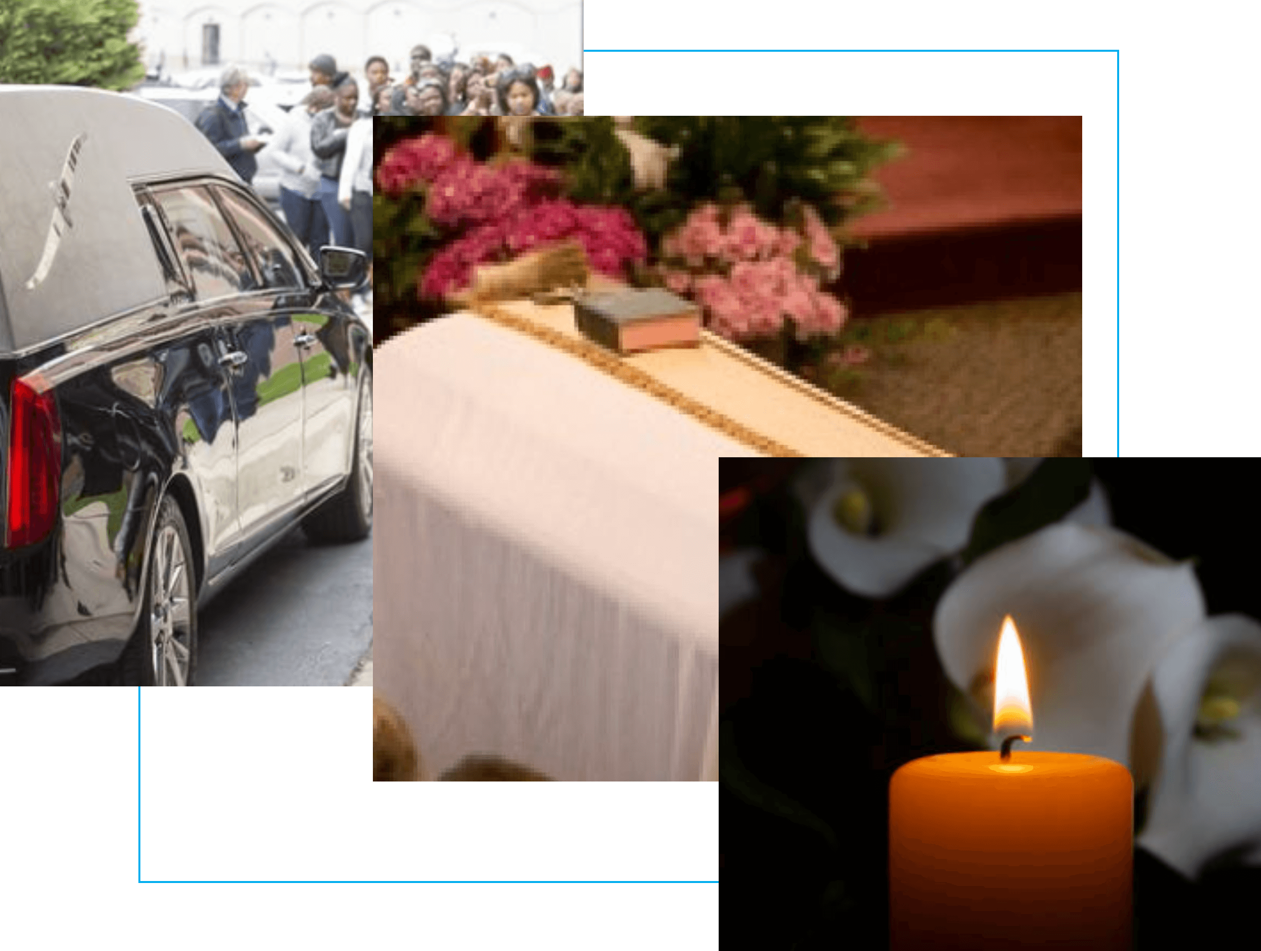 A collage of people and flowers, including a car.