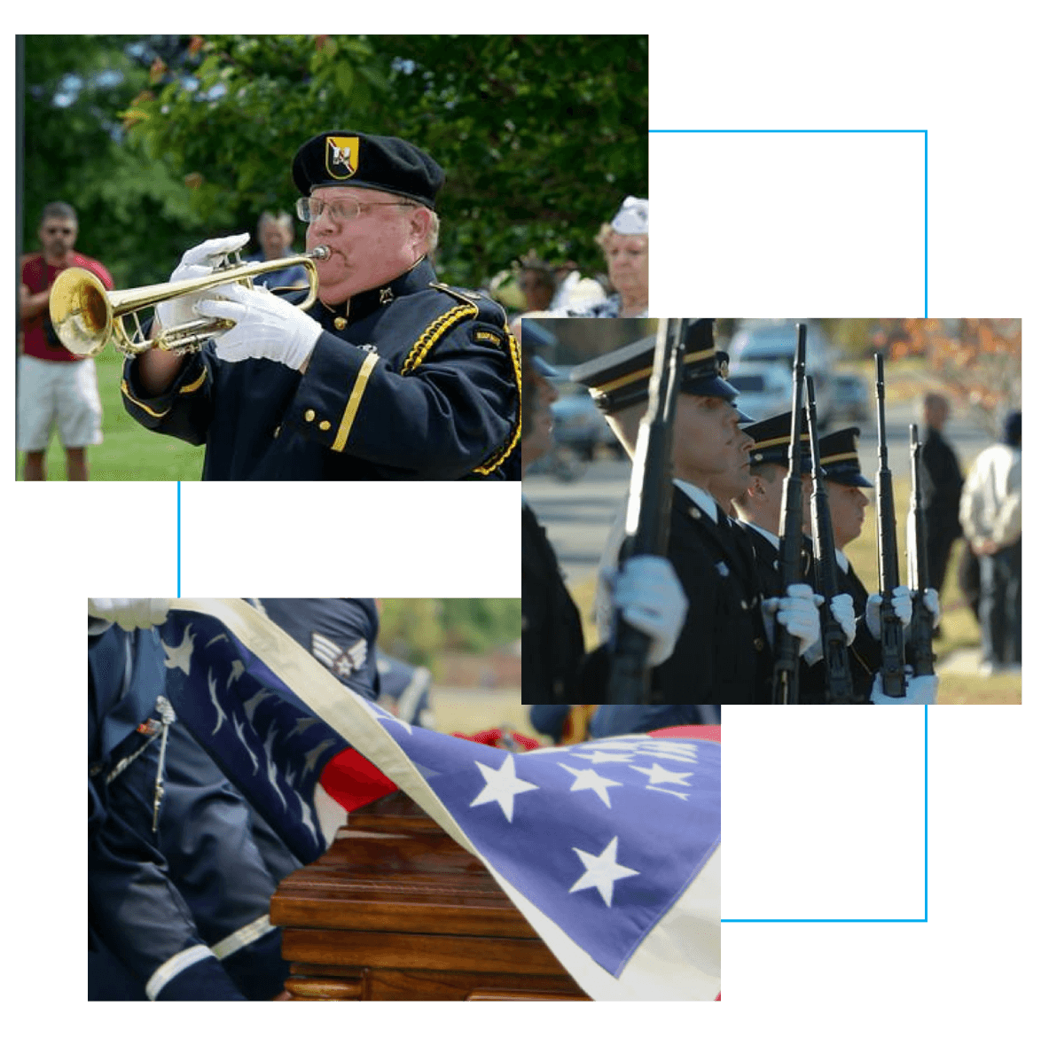 A collage of photos with military personnel playing instruments